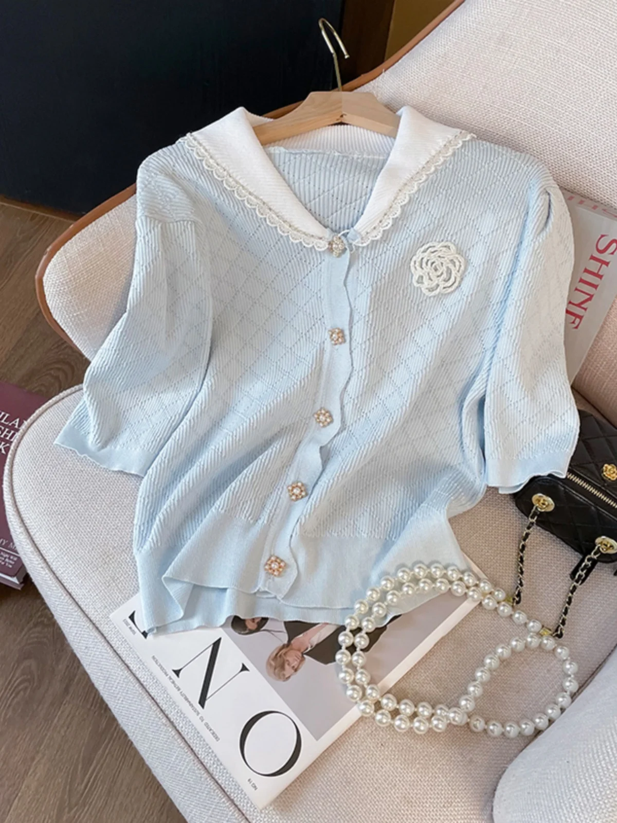 

New fashion design short sleeved knitted sweater for women, loose and comfortable top