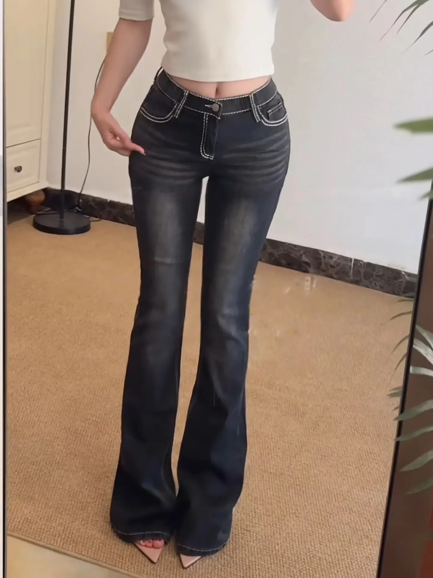 Retro Spicy Girl Low Waist Bell Bottom Jeans Slim Fit Long Pants Korean Version Bright Line Wear Resistant Slim Jeans
