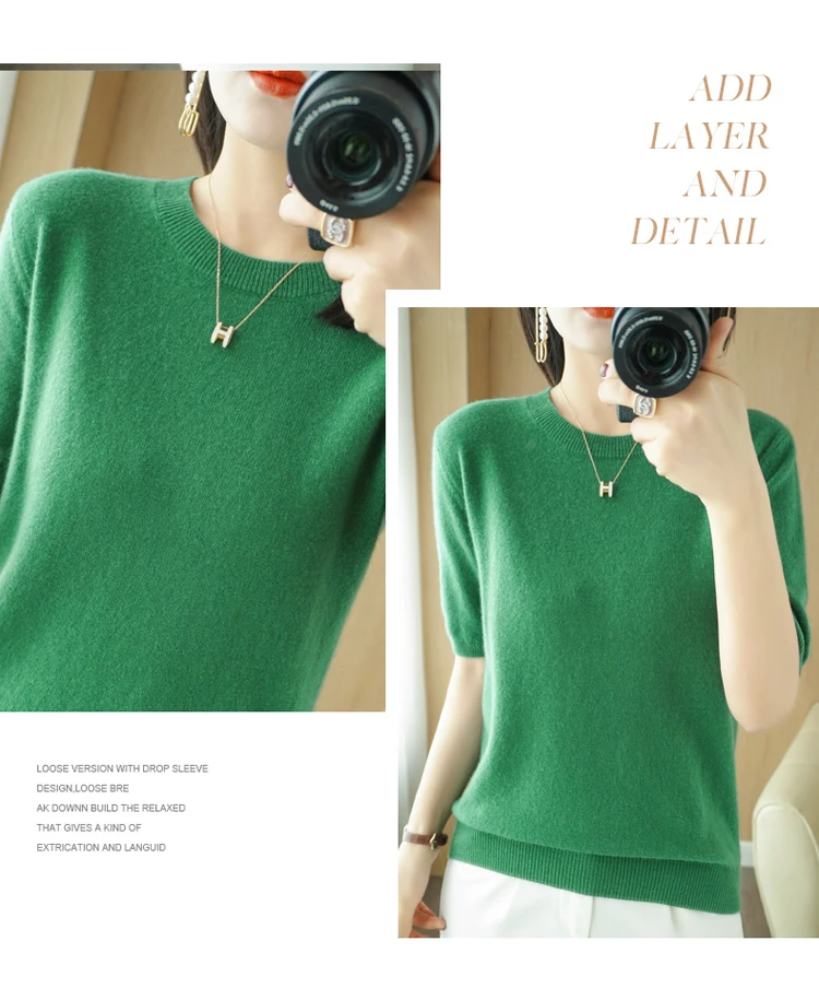 Spring 2022 New Women's O-Neck Short-Sleeved Exquisite Cashmere Sweater Pullover