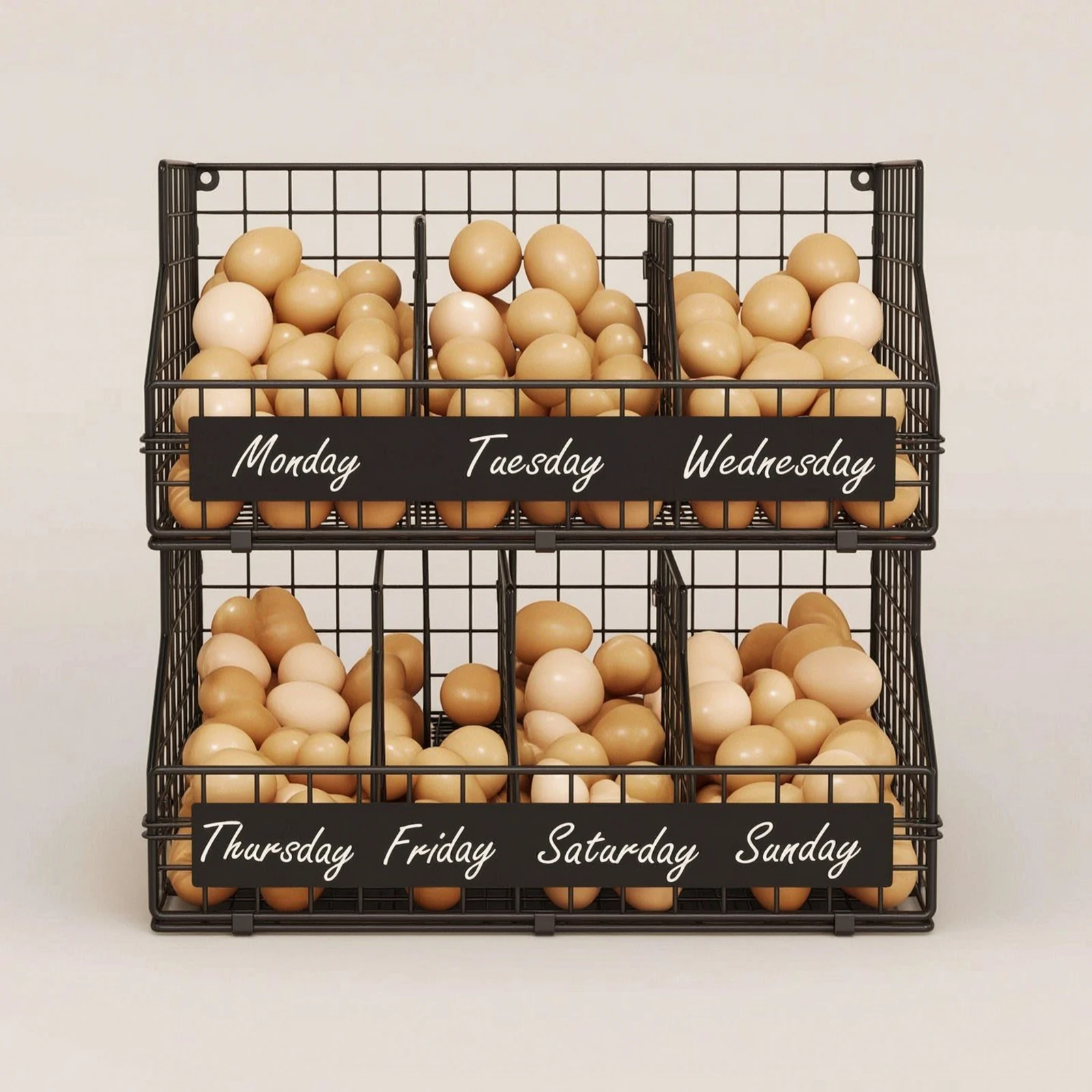 Egg Organizer Wall-Mounted Wire Storage Rack with Baskets Two-Tier Basket Rack Ventilated Stable for Families, Kitchen, Pantry