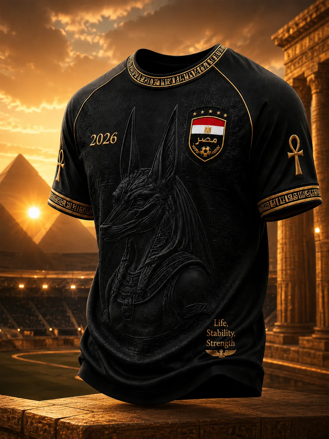 Maillot de football Égypte Anubis 2026 pour homme – Noir et or – Motif Pharaon et dieu de l'Égypte antique – Manches courtes – Vêtement de sport pour supporters / Idée cadeau