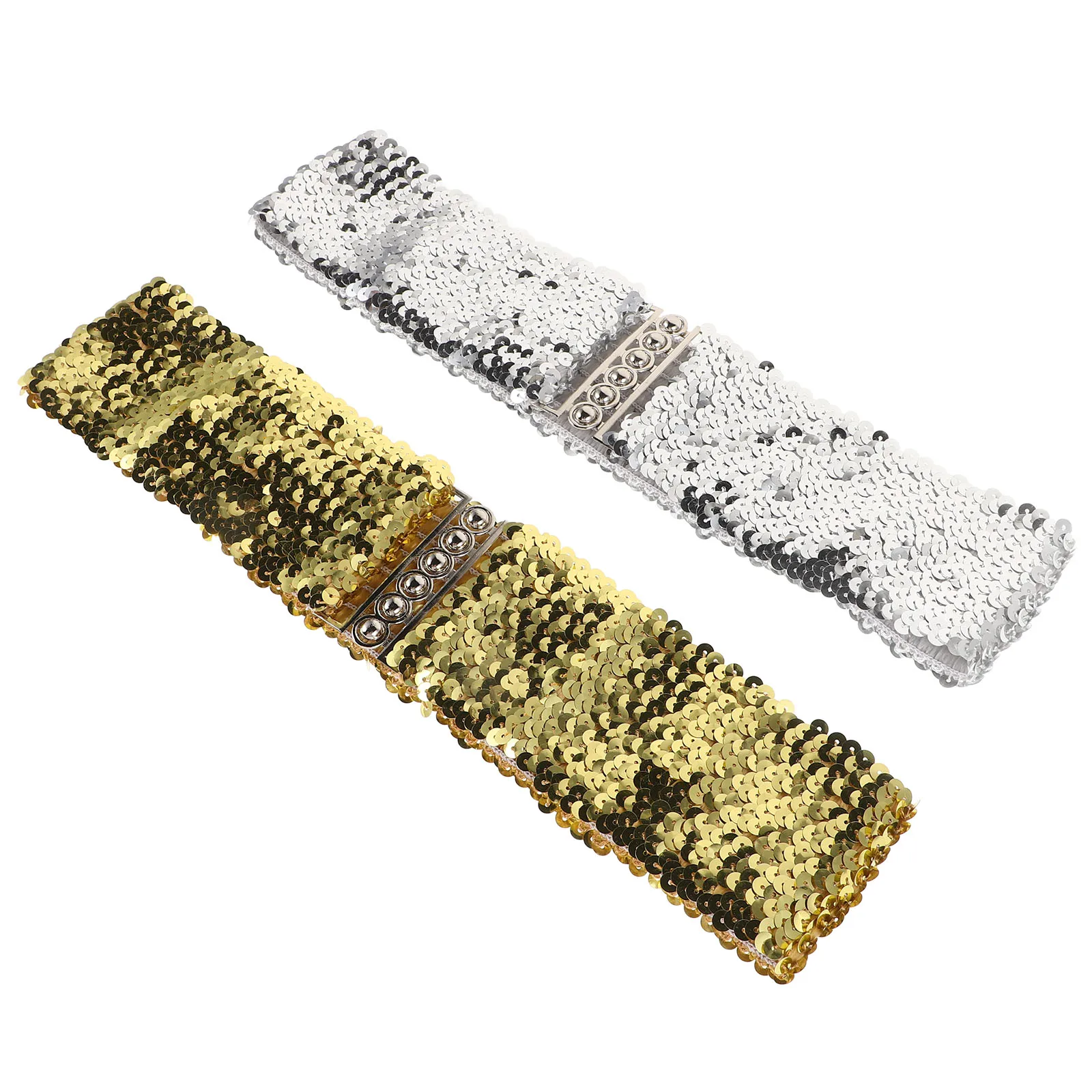 

2pcs Sequin Dress Belts Elastic Stretch Waist Band Wide Gold Belts Women Fashionable Shine Glittering Costumes