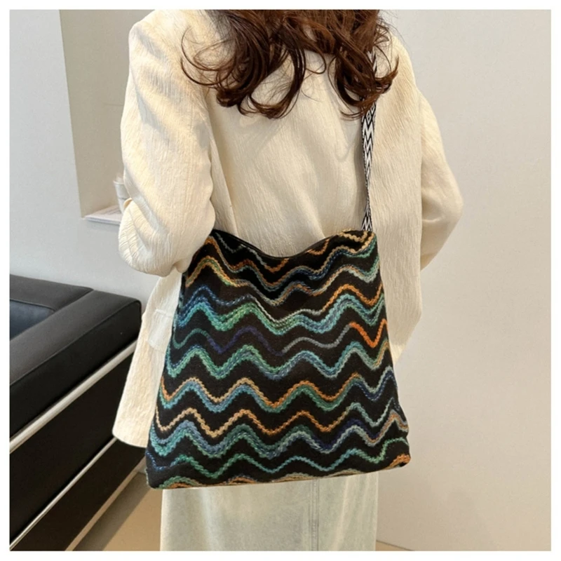 

Canvas Bucket Bag with Wide Strap Large Crossbody Bag for Women Fashion Vintage Colorful Striped Knitted Shoulder Bag