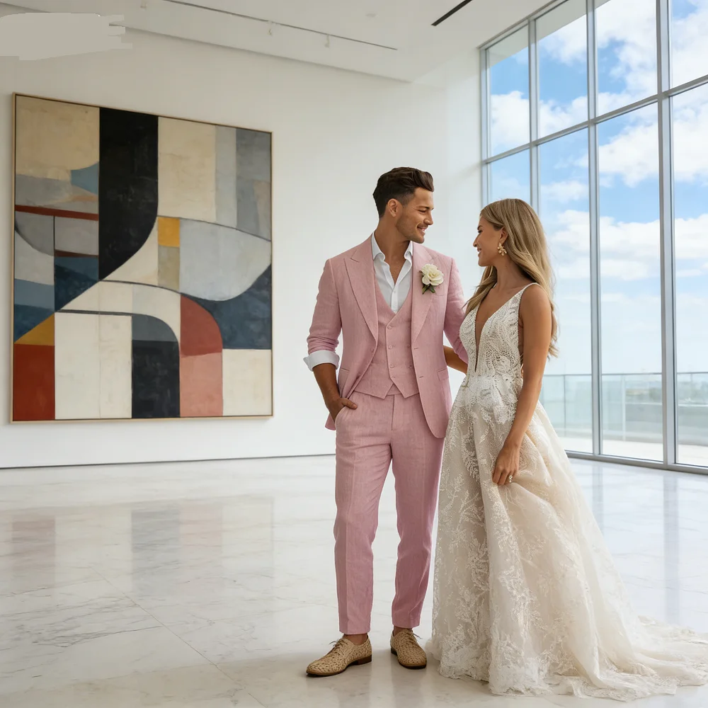 

Бежевый льняной терно для мужчин, летний свадебный костюм из трех предметов, настраиваемый приталенный мужской пиджак, праздничная одежда