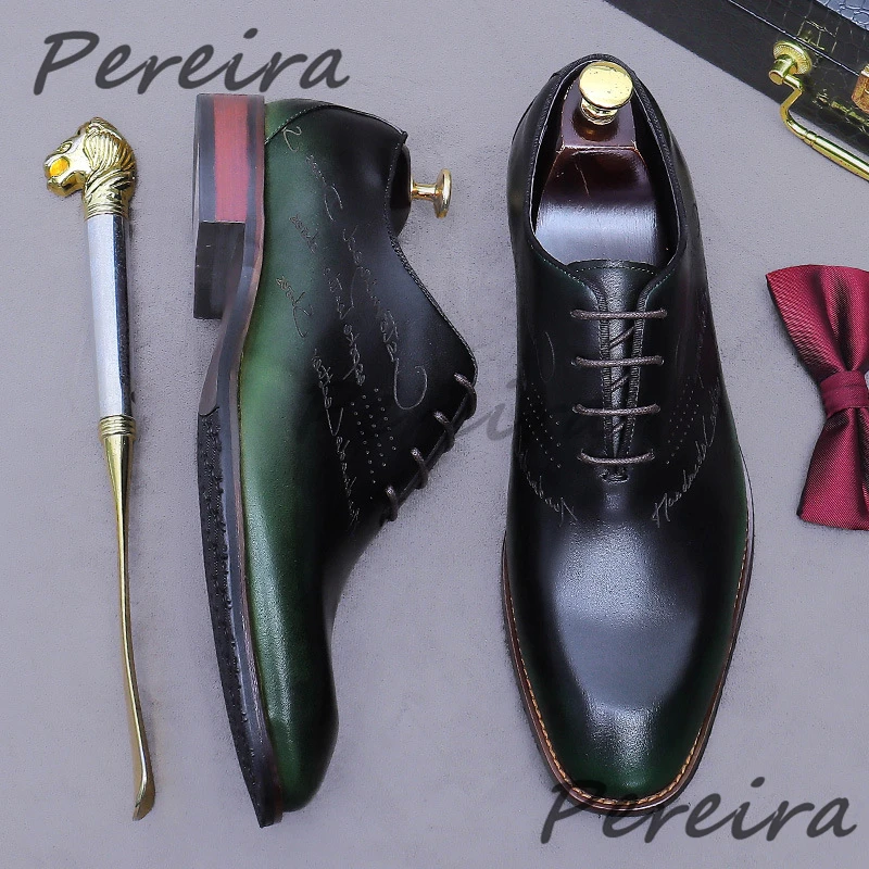 

Green Black Mixed Colors Men's Formal Shoes Carved Letter Handmade Genuine Leather Oxfords Pointed Toe Cowhide Party Dress Shoes