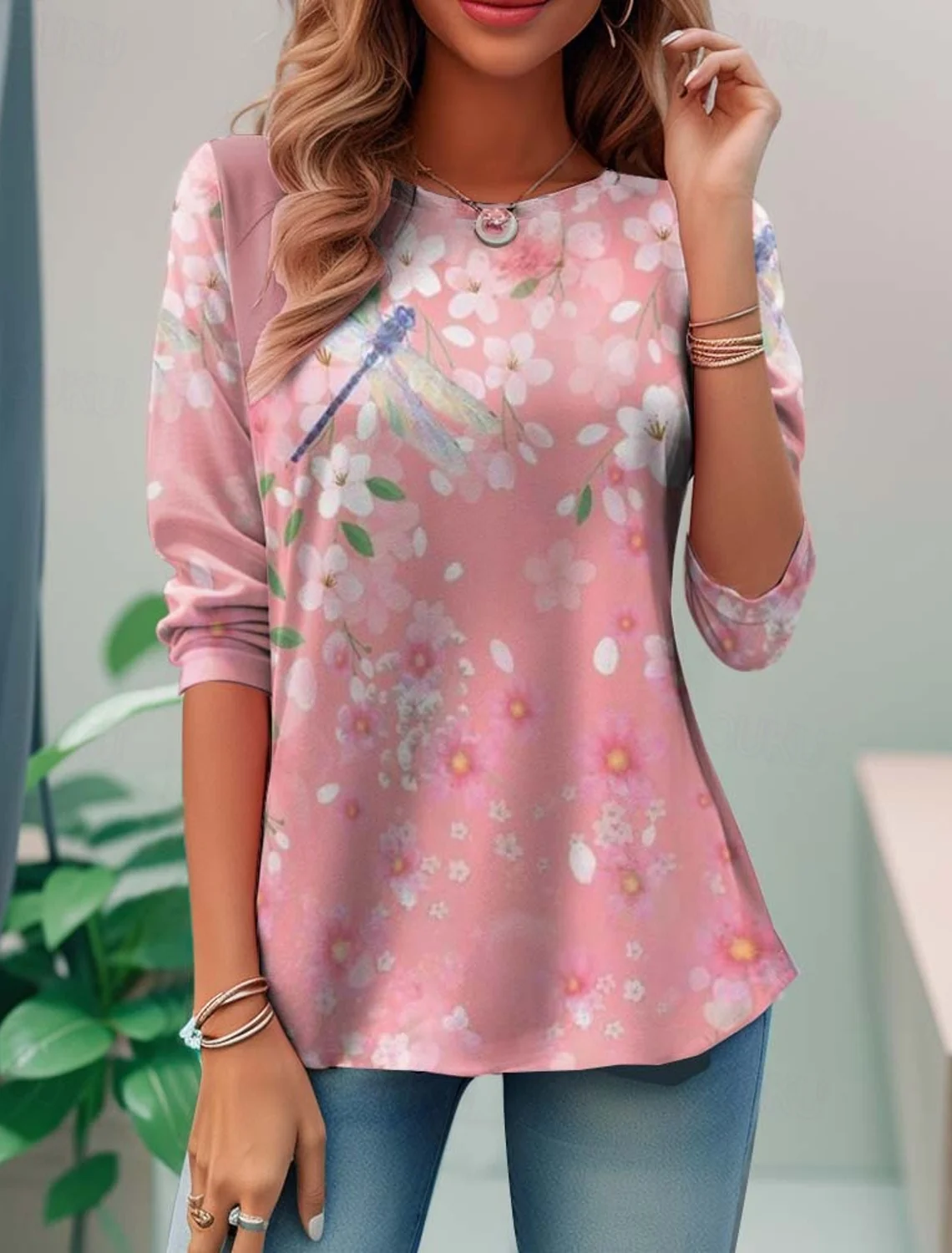 

Women's T-shirt 3D Print Cute Dragonfly Petals Print Casual Long Sleeve Round Neck Regular Top Daily Print Pink Spring T-shirt