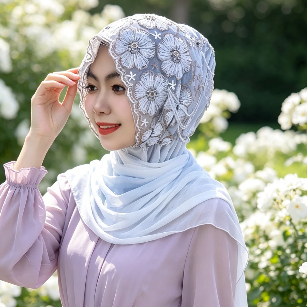 

Elegant Long Tassel Bead Scarf Muslim Hijab Women Embroidery Headwrap Turban Shawl Bandanas Lace Headband Scarves Turbante Mujer