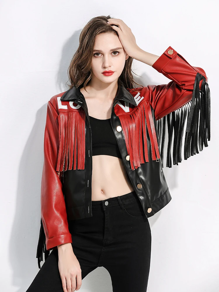 Slim Women Red White Contast Faux Leather Jacket Spring Autumn Fashion Streetwear High Waist Patchwork Motorcycle Coat