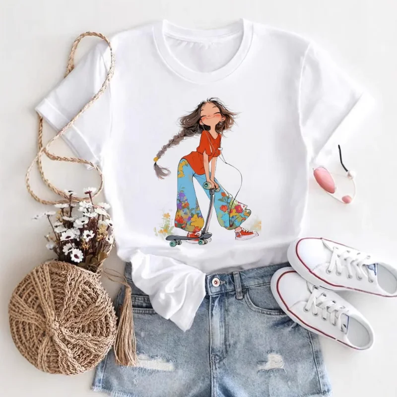 

Casual Cartoon Cute Girl Pattern Summer Print T-shirt with Round Neck, Sweet Harajuku Top, Travel Short Sleeve Graphic T Shirts