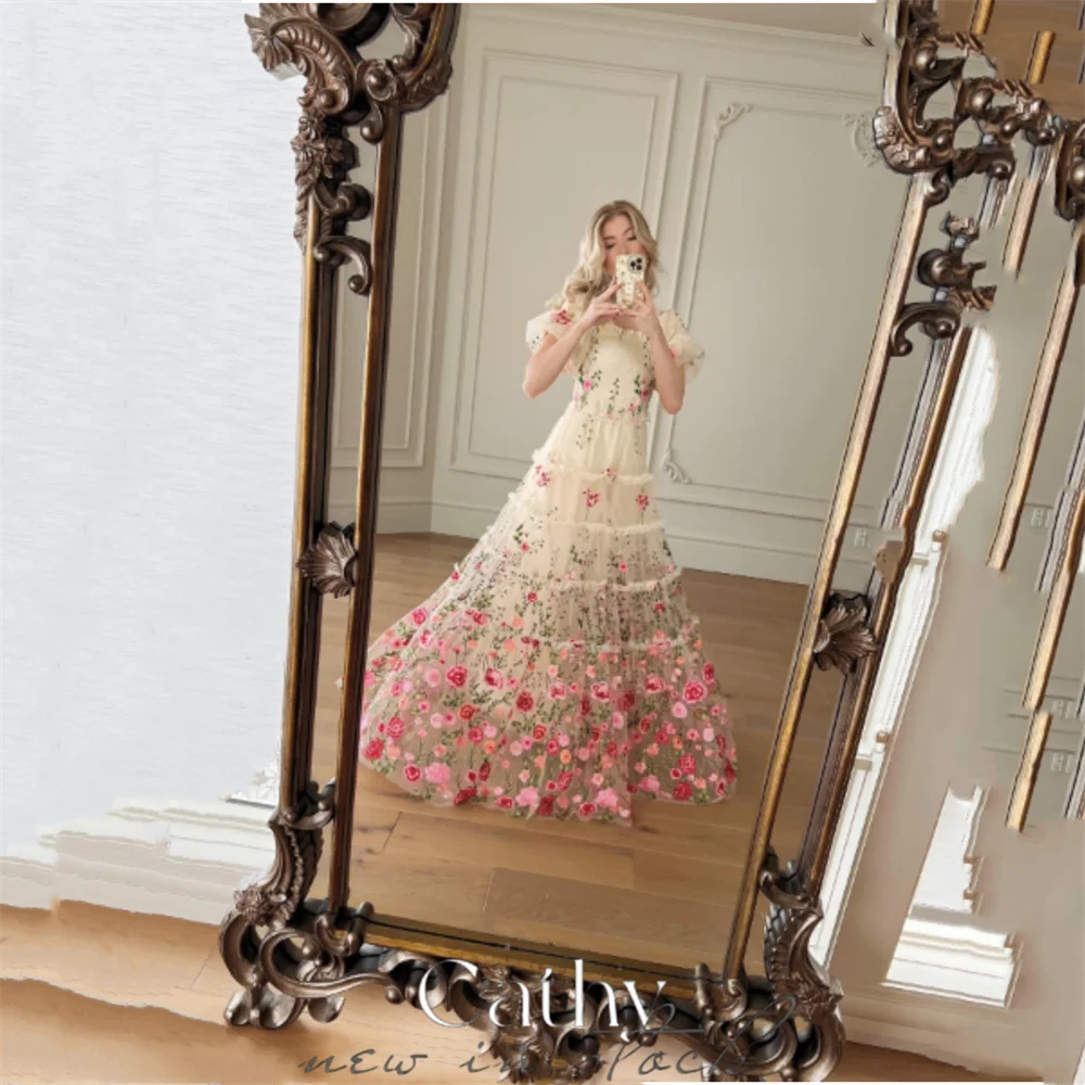 Cathy Elegant Modest Floral Tulle Fabric Prom Dress Empire Waist A-line vestidos de fiesta Flower Lace Embroidery فساتين السهرة