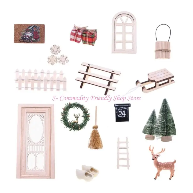 

85ae миниатюрные дверь и венок набор рождественских кукол декора на столе