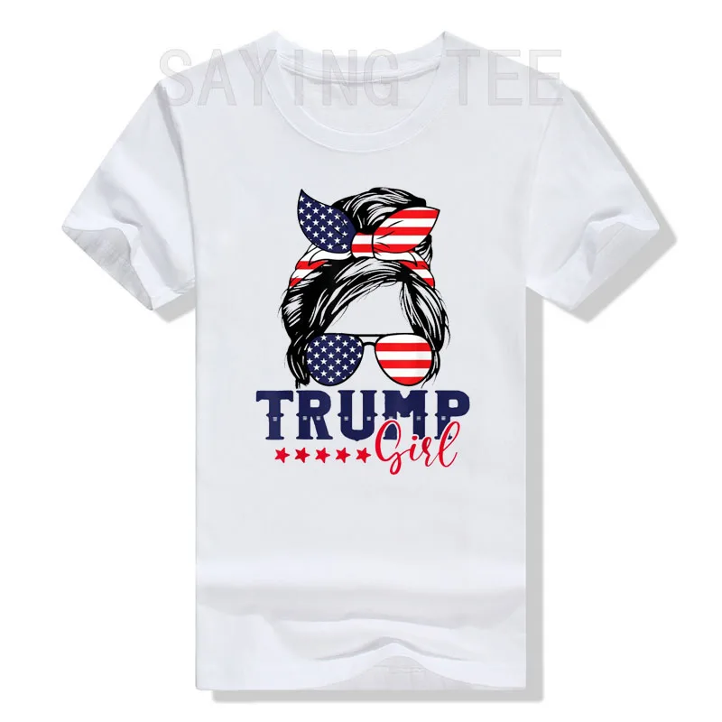 

Trump Girl Messy Bun Trump 2024 Election American Flag T-Shirt Women's Fashion Pro Trump Support Fans Clothes Short Sleeve Tees