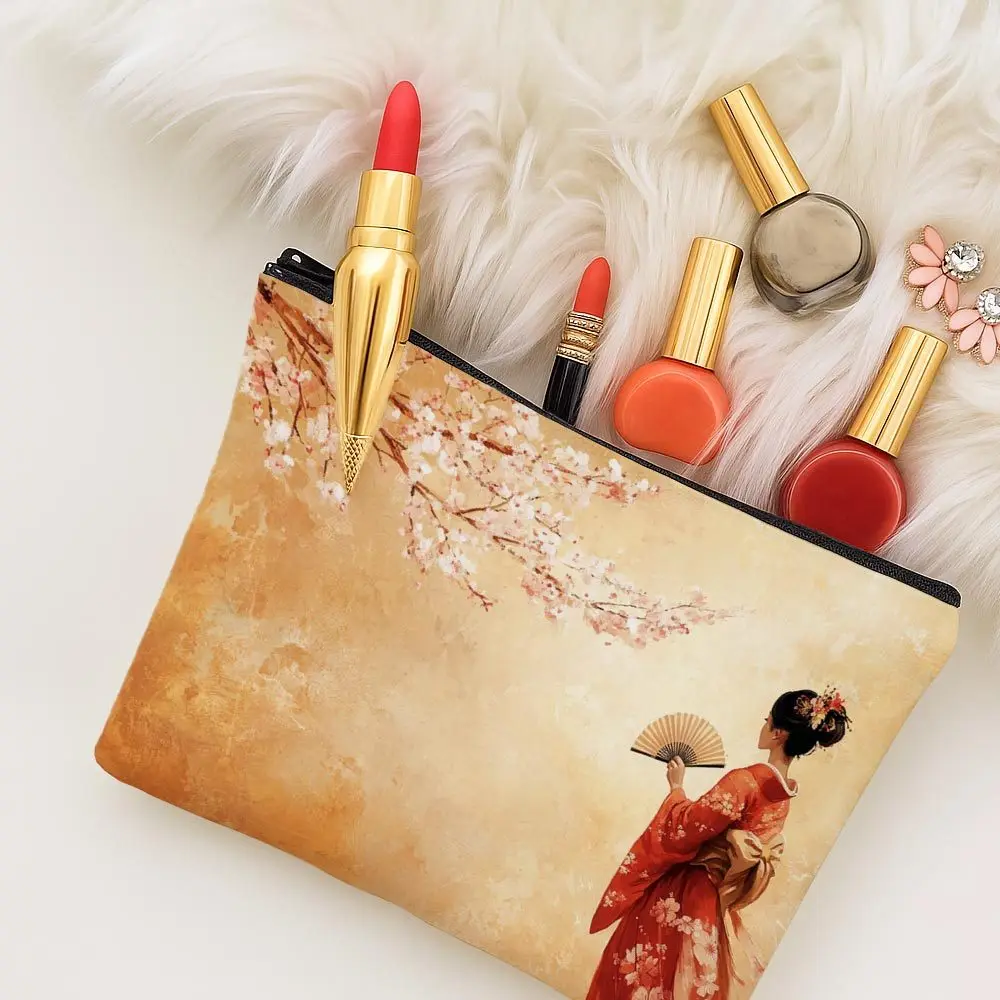 Makeup Bag Japanese Kimono Geisha Cherry Blossom Print Makeup Pouch Japanese Style Enthusiasts Japanese Culture Commemorative
