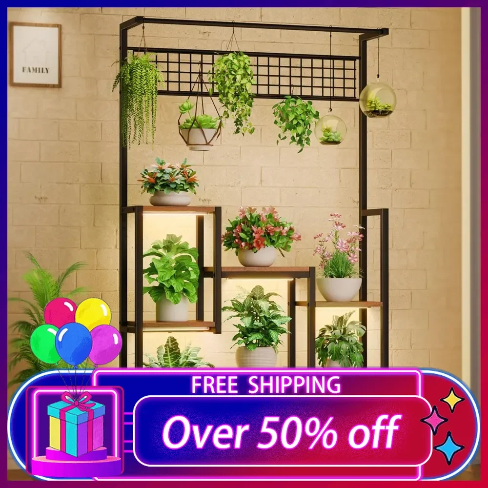 

Tall Plant Stand Indoor with Grow Lights, 6 Tiered Metal Plant Stand, Large Plants Shelf Display Rack, for Living Room, Patio