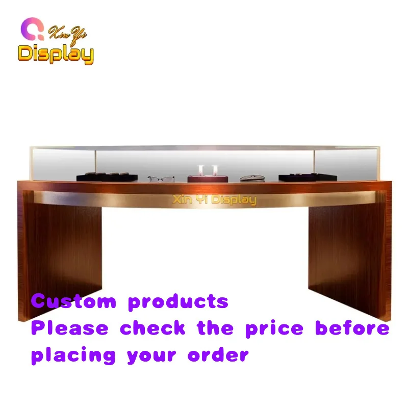 custom.High-End Curved Stainless Steel Jewel Display Kiosk Fashion Jeweler Counter LED Light High Quality Metal Mater