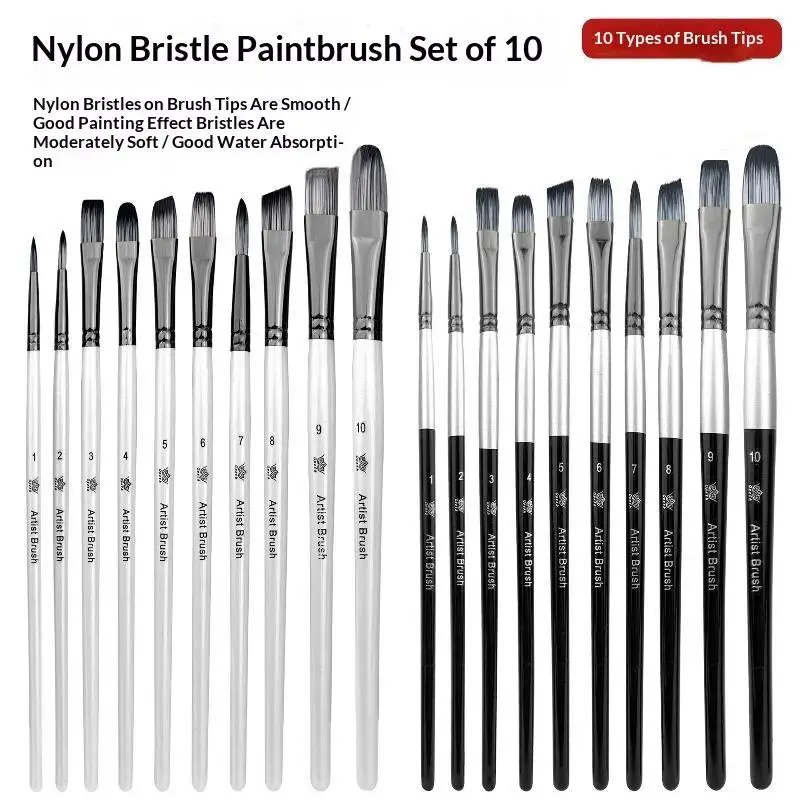 Set Of 10 Professional Paint Brushes Flat Round Pointed Nylon Hair For Acrylic Oil Watercolor Art Painting Drawing