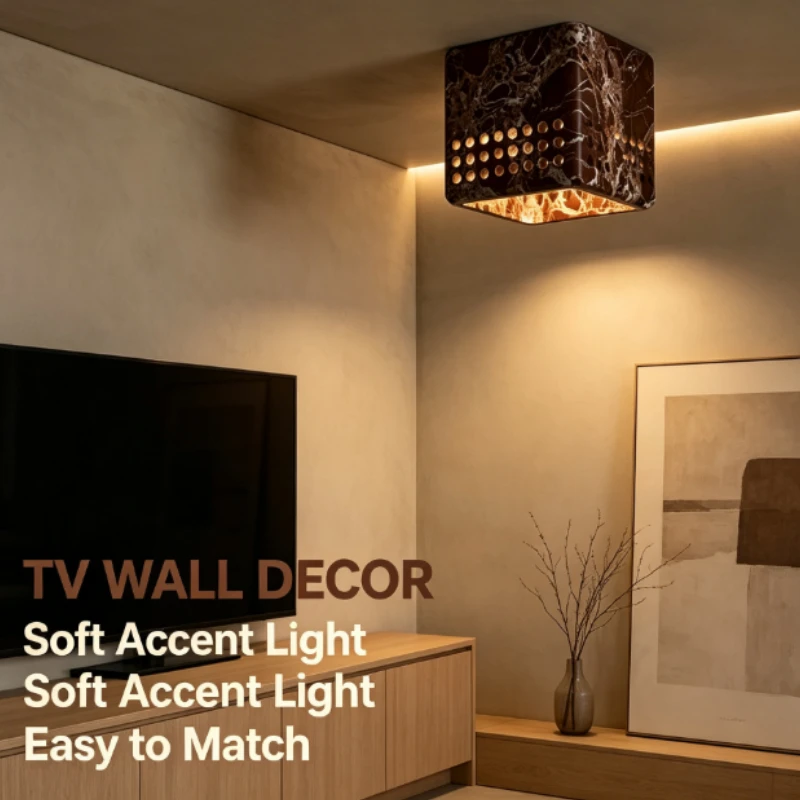 Natural Stone Cube Ceiling Light With Perforated Texture And Warm Glow For Luxury Bedroom Bedside Ambient Lighting Fixture