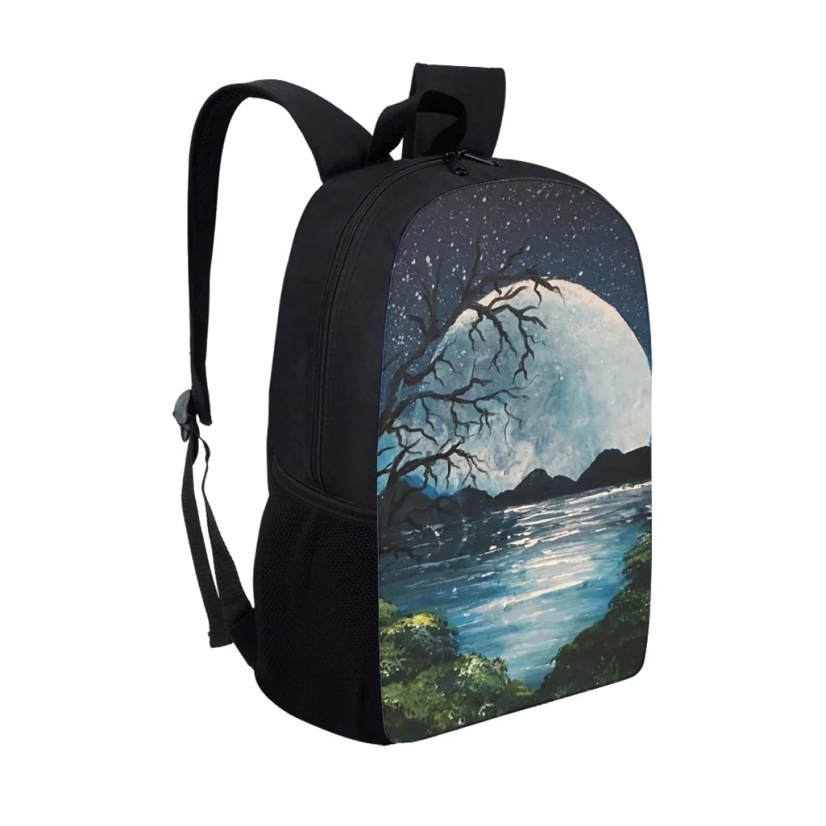 Hot Sales Oil Painting Woods Moon Schoolbag Lake Snowflake Adjustable Backpack Boys Girls Dirt Resistant Outdoor Travel Satchel