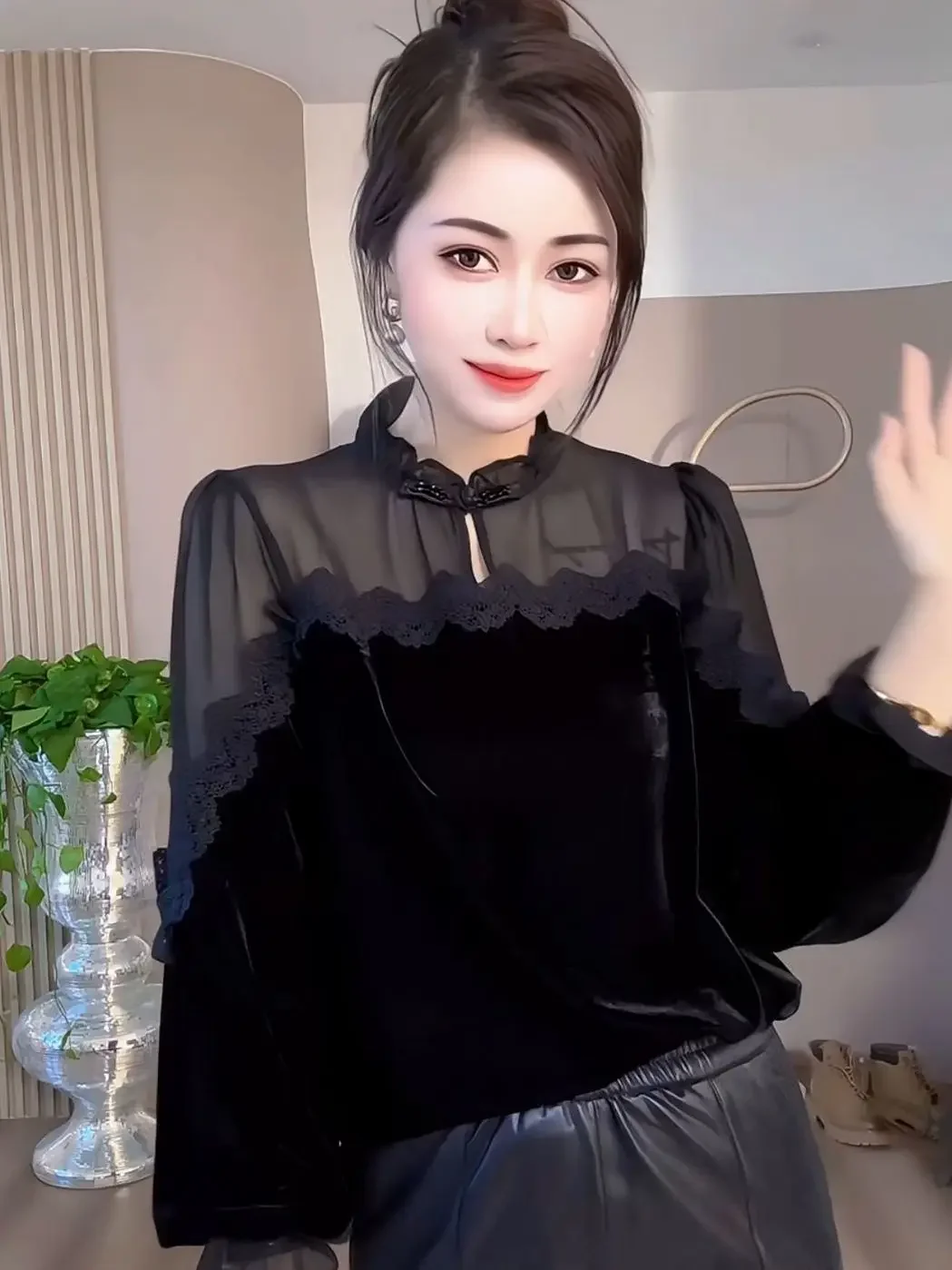 2024秋冬新作 パッチワーク ゴールドベルベット トップス 韓国風 多機能 スリムシャツ ベースシャツ レディース インナーシャツ 長袖シャツ