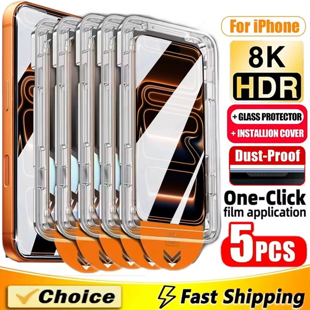 

8K High End Tempered Glass For iPhone 17 16 15 14 13 12 11 Pro Max Air XS XR Plus Screen Protector With Alignment Mounting Cover