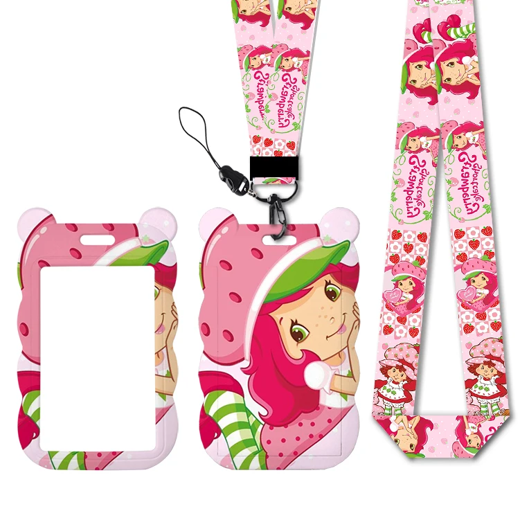 Cute Girls Pink Berry Lanyards Keychain Animated Cute Badge Holder ID Credit Card Pass Hang Rope Lanyard Keys Accessories Gifts