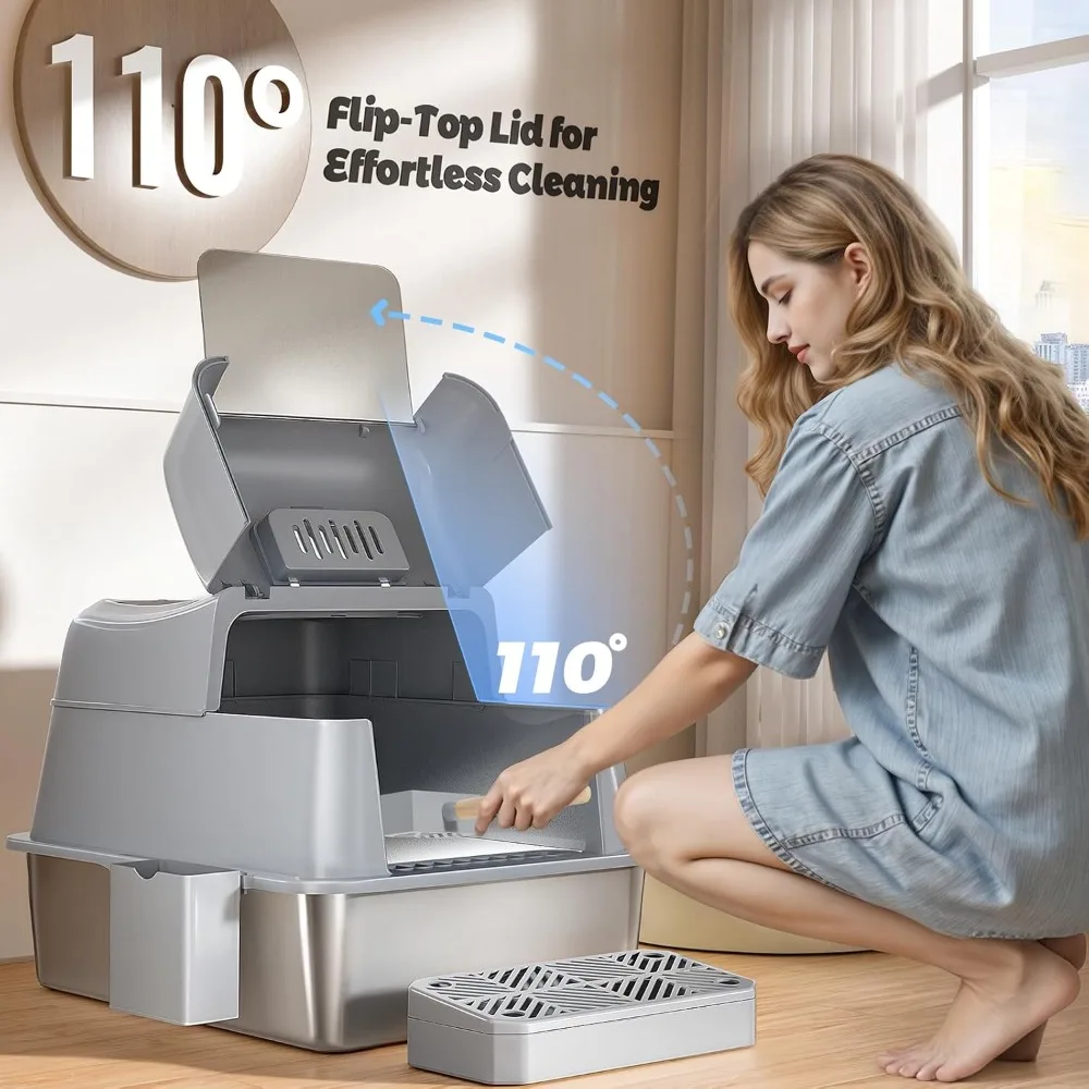 Caja de arena cerrada de entrada superior XXL para gatos grandes con 110 °   Características de tapa abatible y desodorización