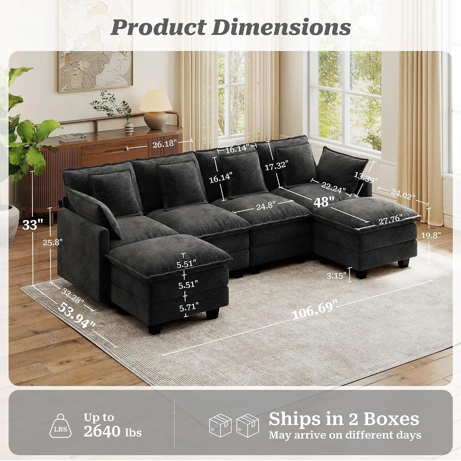 Modular U Shaped 6 Seat Chenille Sofa with Movable Ottomans & 48