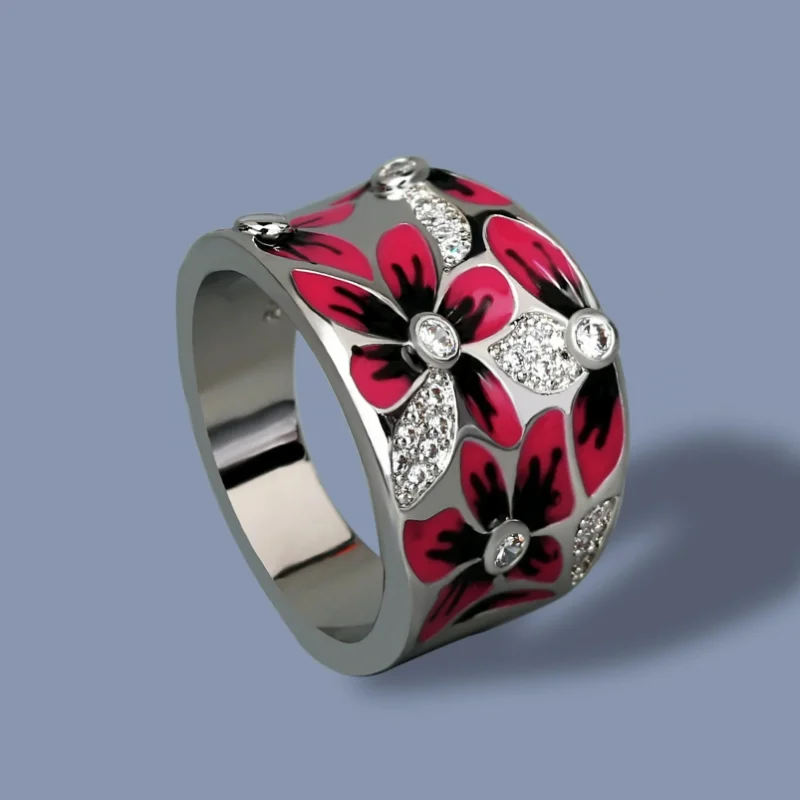 Vintage Emaille rote Blumenringe für Damen, modisch, schlicht, silberfarben, Fingerring