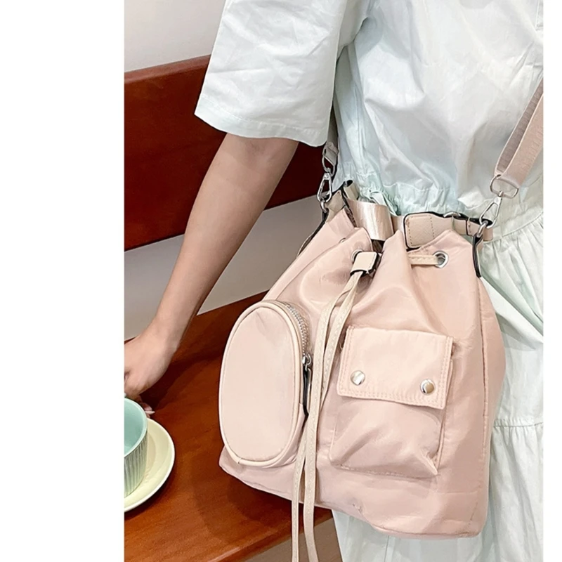 Fashion Korean Style Nylon Crossbody Bucket Bag Women Simple Ruched Drawstring Multi Pockets Shoulder Bag Large Capacity Handbag