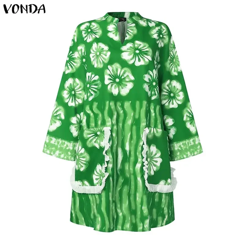 VONDA Vestidos de talla grande para mujer, Mini Vestidos bohemios de manga larga con estampado Floral, vestido veraniego informal con bolsillos sueltos, bata de fiesta 0XL-5XL