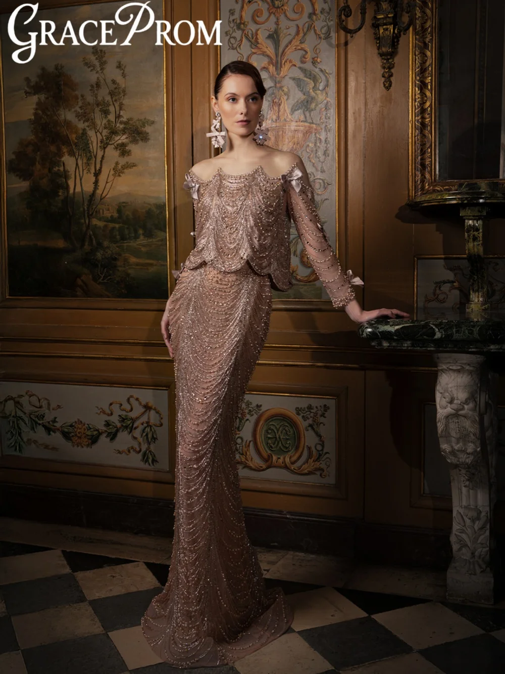 

Chic Opulent Beaded Chain Evening Dress Stunning Bow Off Shoulder Wedding Party Gown Customized Mermaid Long Red Carpet Gowns