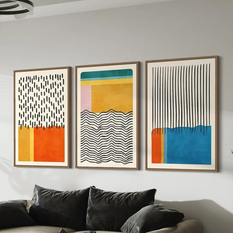 3pcs frameless Canvas Painting Bauhaus Frameless Wall Art Set of 3 Canvas Poster Prints Mid Century Modern Art Boho Geometric Bl