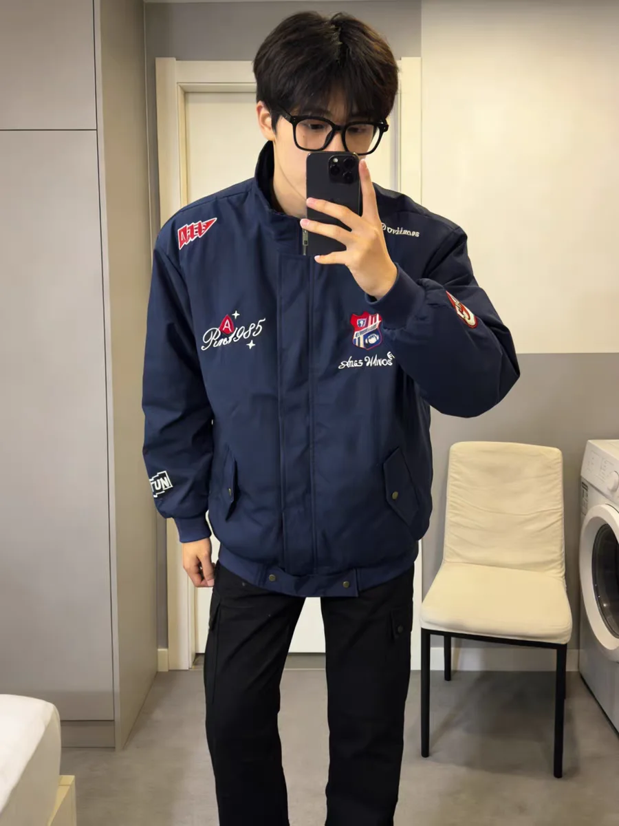 

Retro American Embroidered Jaet Motorcycle Clothes ort Zipper Stand Collar Windproof Couples Faion Top Cotton Polyester...