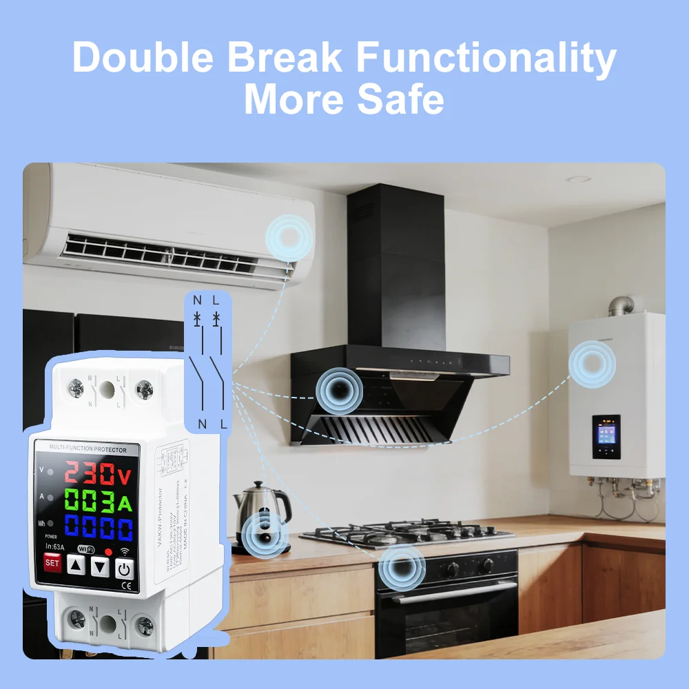 MANHOT Wifi Smart 3In1 Display Dual Circuit Breaker 2P 63A DIN Rail Over/Under Voltage Protector Current Adjust Timing Monitor