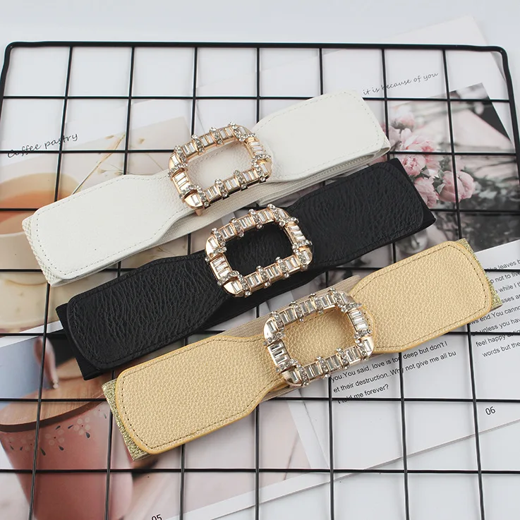 PU Leather High Elastic Wide Belt for Women Stretch Waist Belt for Dress Autumn Stretch Women Belts White Red Pearl Buckle Belt