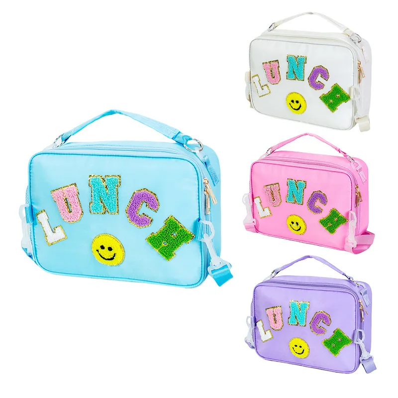 Hot selling Tem embroidered letter smiley face outdoor tote bag, bento bag, insulated aluminum film lunch bag