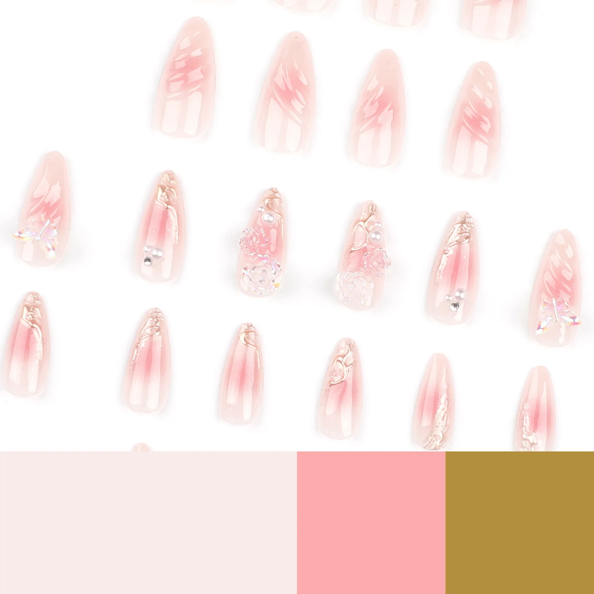 Prego de flor rosa falsa para mulheres, wearable y2k, decoração 3d wave, patch, amêndoa doce coreana, unhas de imprensa, 24pcs