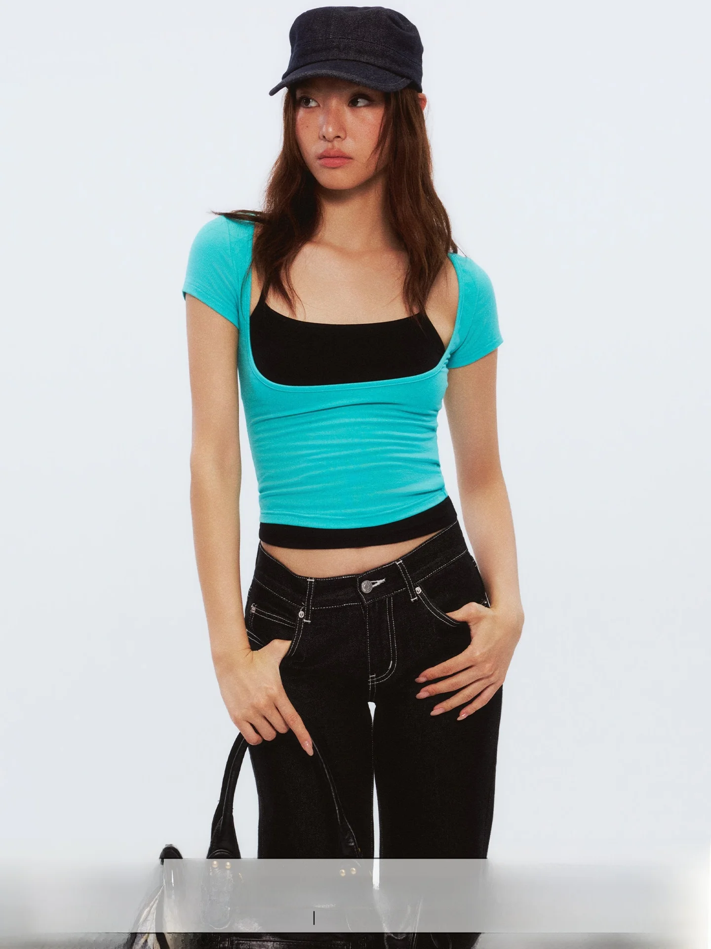 Heyabc Summer Color Block Slim Fit U Neck Waist Cinched Short Sleeve T Shirt Women Korean Spicy Girl Slimming Strap Top True ...