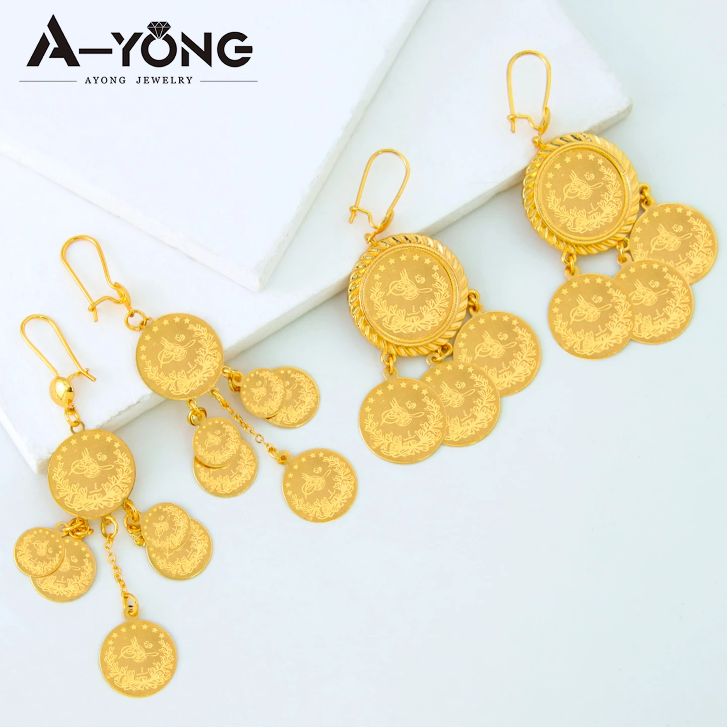 Arab Gold Color Coins Dangle Earrings 18k Copper Gold Plated Turkish Dubai Drop Earring Women Bridal Wedding Jewelry Gifts