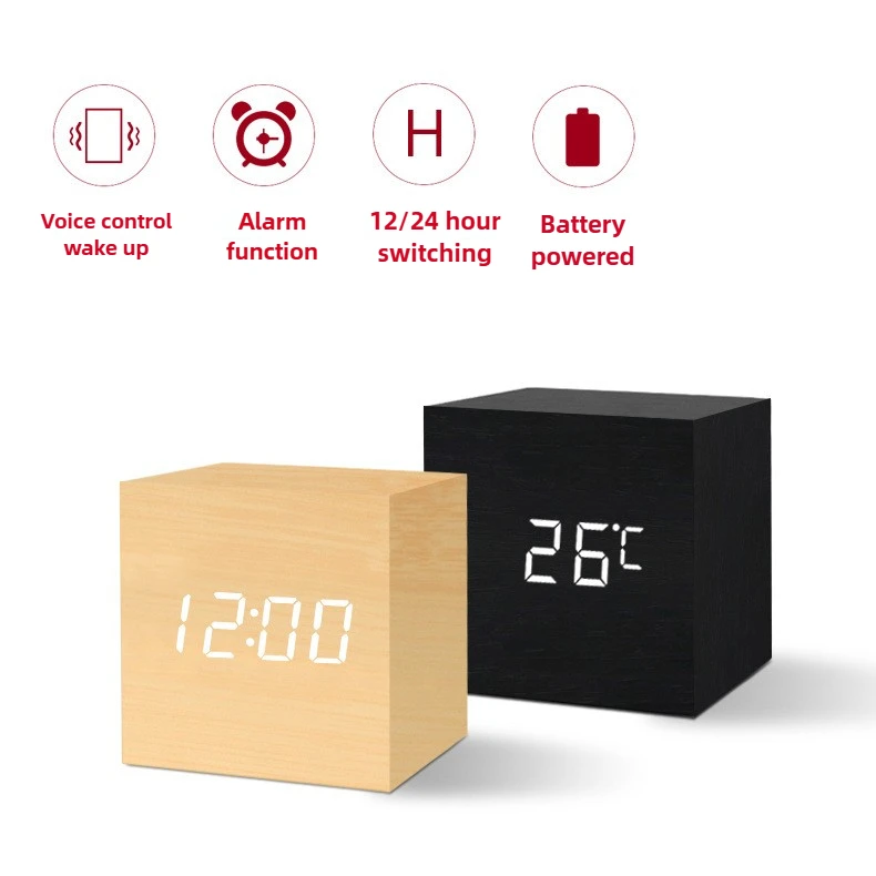 Alarm Clock LED Wooden Watch Table Voice Control Digital Wood Despertador USB/AAA Powered Electronic Desktop Clocks