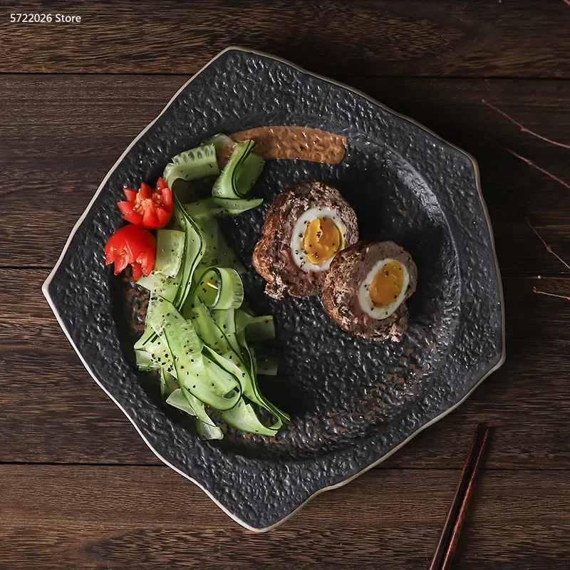 Household Kitchenware Ceramic Plate Creative Personality Japanese Retro Tableware Dinner Plate Household Steak Plate Fruit Plate