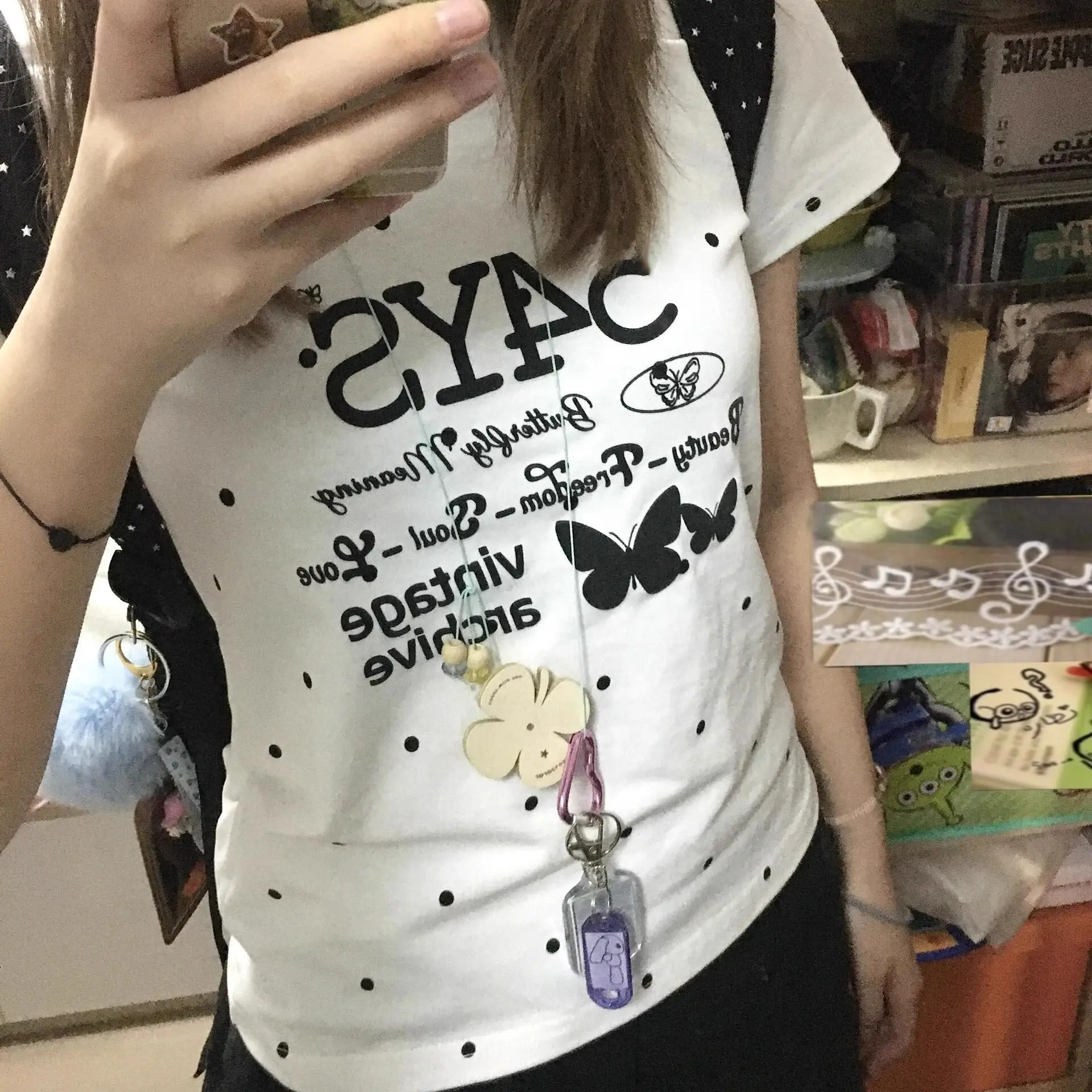 

Корейская ниша Ins Design, короткая женская футболка с короткими рукавами и принтом бабочки в горошек для девочек