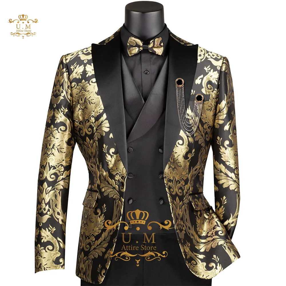 الفاخرة الجاكار الأولاد دعوى 3 قطعة مجموعة الذهب الأسود السترة صدرية السراويل مصممة خصيصا صالح لحفل الزفاف Pageboy حفلة موسيقية الاطفال سهرة #2