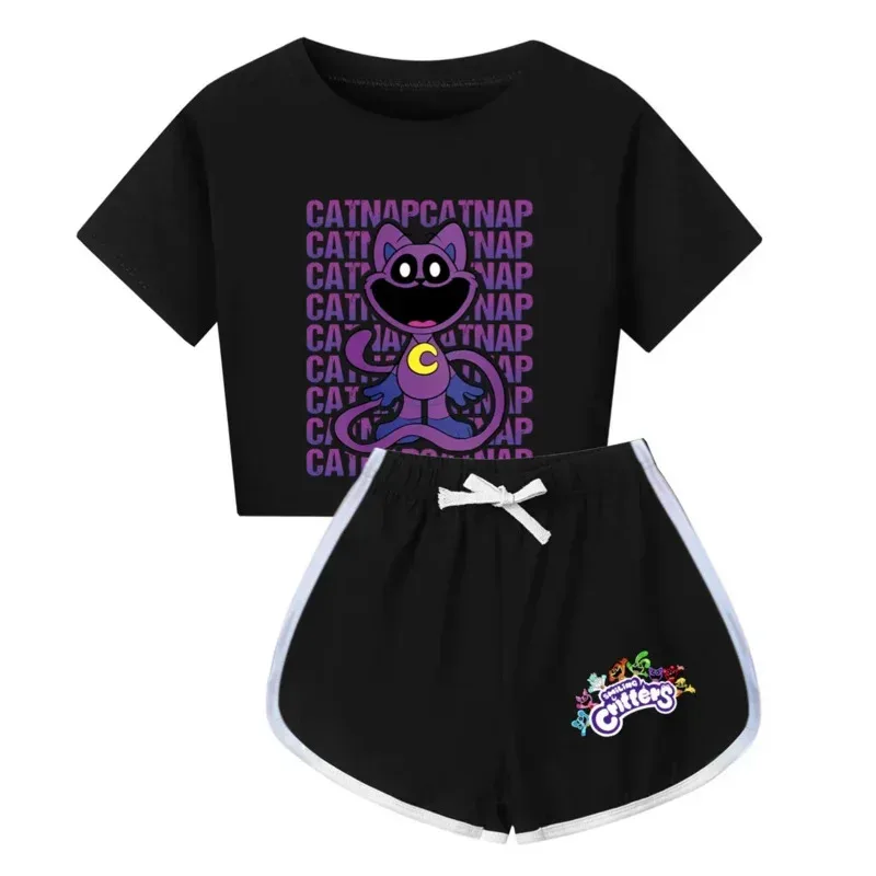zz04zz12 Uśmiechnięte Zwierzątka Kot Czarny Zestaw Piżamowy Letni Dziecięcy Nocny Drzemka Piesek Pół Ciała Krótki Rękaw Bielizna Nocna Piżama Kreskówka Ba