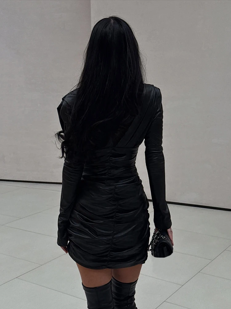 Nibber Autumn Trend Dress Women Sexy Faux Leather Folds Full Sleeve Hottie Skinny Midnight Street Simple Classic Mini Bodycon