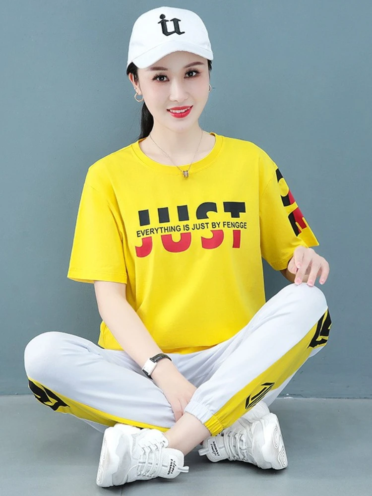 Tracksuit Women Letter Print Summer New Short Sleeve Korean Casual Sportswear Suit Female Running Square Dance Two Piece Ladies