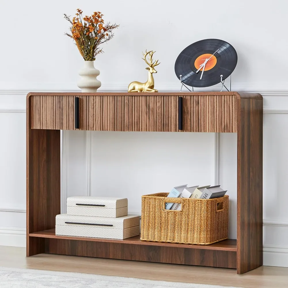 

Narrow Console Table with 2 Drawer,Mid Century Modern Fluted Entryway Table with Curved Edges,Slim Long Sofa Table for Living