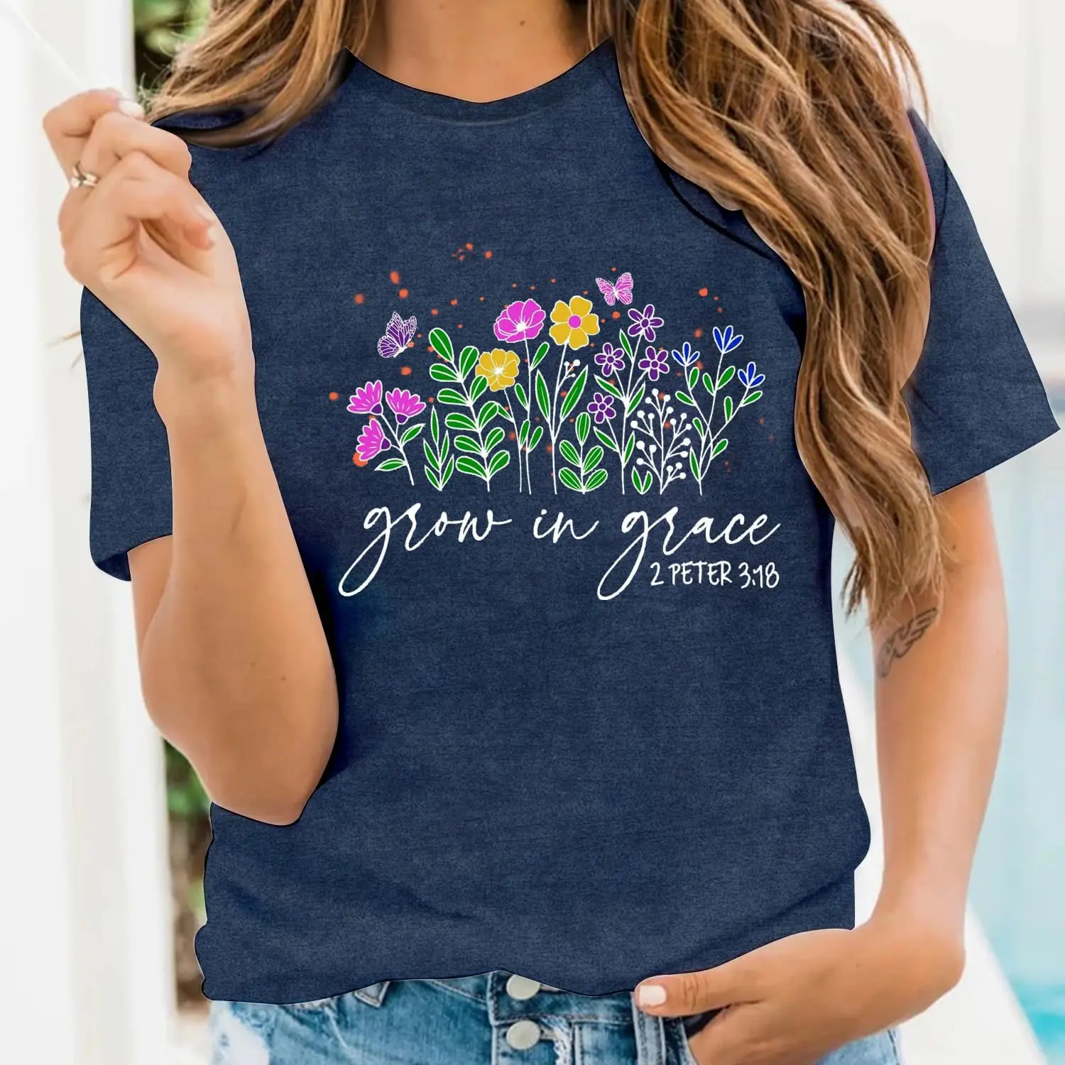 LBP Womens Christian Wildflowers Shirts Grow in Grace Shirt Christian T-Shirt Bible Verse Faith-Based Tee Tops