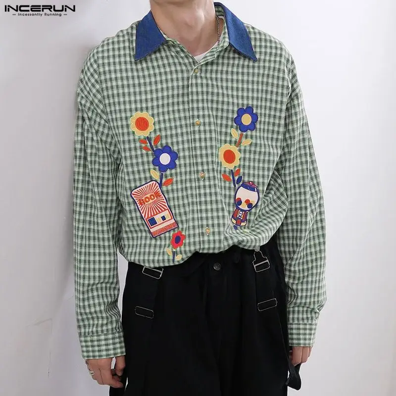 

INCERUN Men Shirt Printing Plaid Patchwork Lapel Long Sleeve Men Clothing Loose 2026 Streetwear Fashion Casual Tops Male Shirts