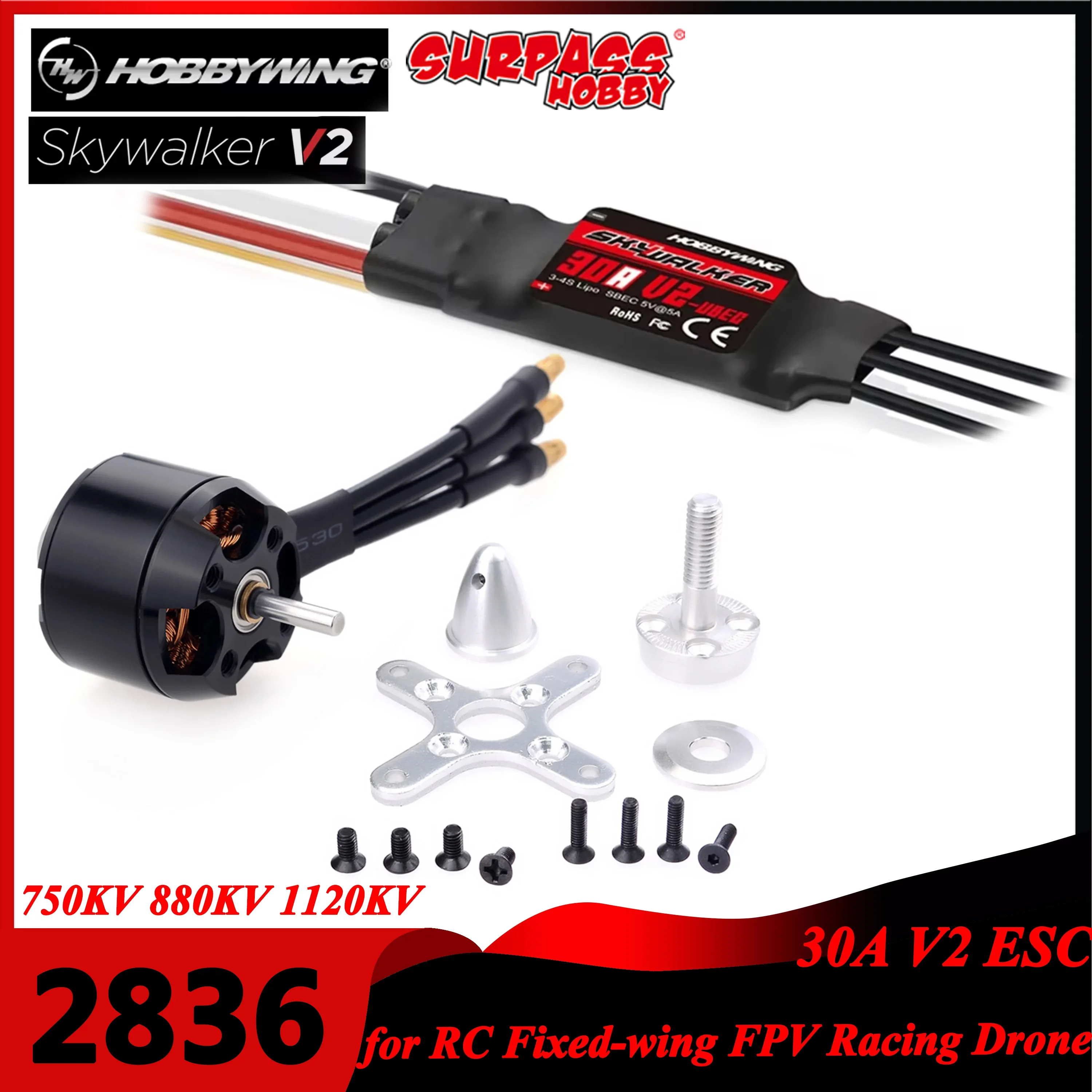 Surpass Hobby C2836 750KV 880KV 1120KV Brushless Motor and Hobbywing 30A V2 ESC for FPV Racing Drone RC Fixed-wing Quadcopter